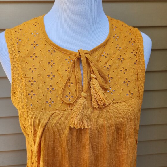 Knox Rose Mustard Yellow Mixed Media Blouse Eyelet Ribbed Tie-Neck Tassel - Picture 5 of 13